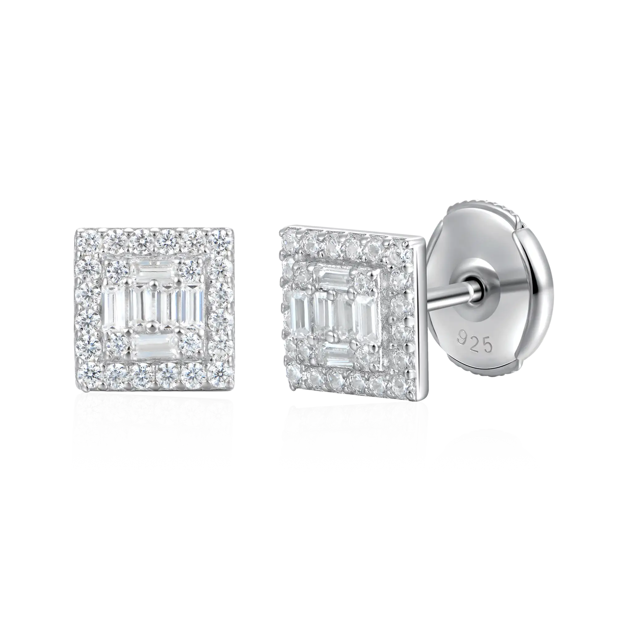 Women's Square Baguette Mix Halo Stud Earrings - Pair