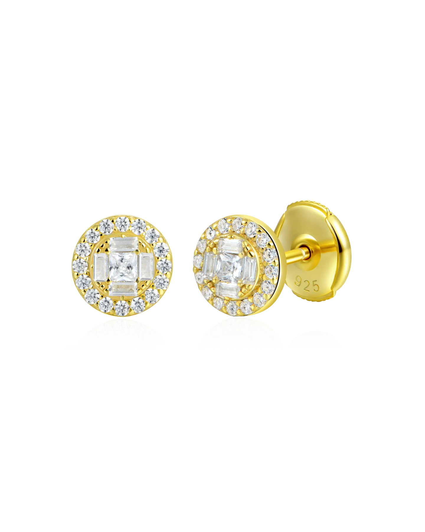 Single Baguette Mix Round Cut Halo Stud Earrings