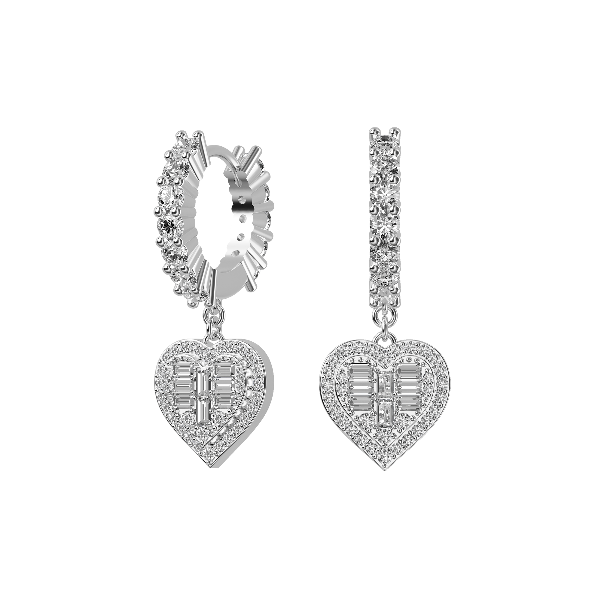 Heart Baguette Mix Halo Dangly Earrings - Pair