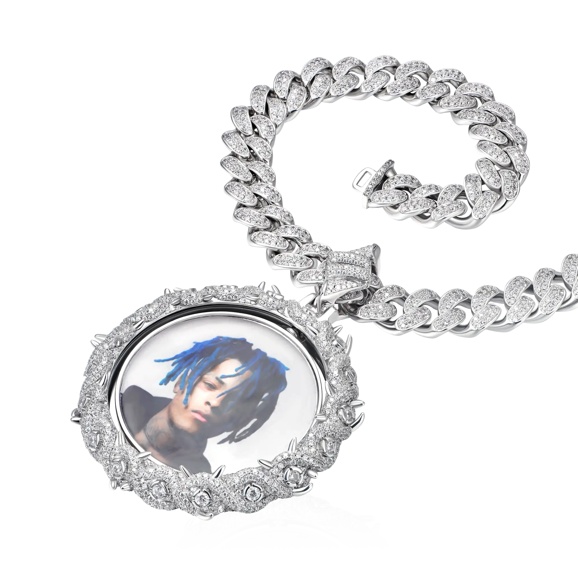 Custom Rotating Double Sided Moissanite Thorns Photo Necklace Pendant