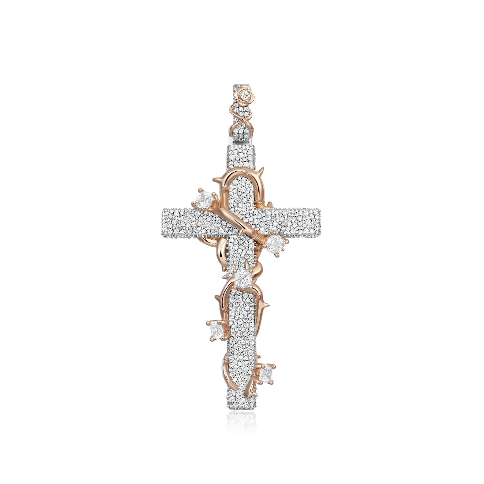 Moissanite Pave Set Thorned Rose Cross Pendant