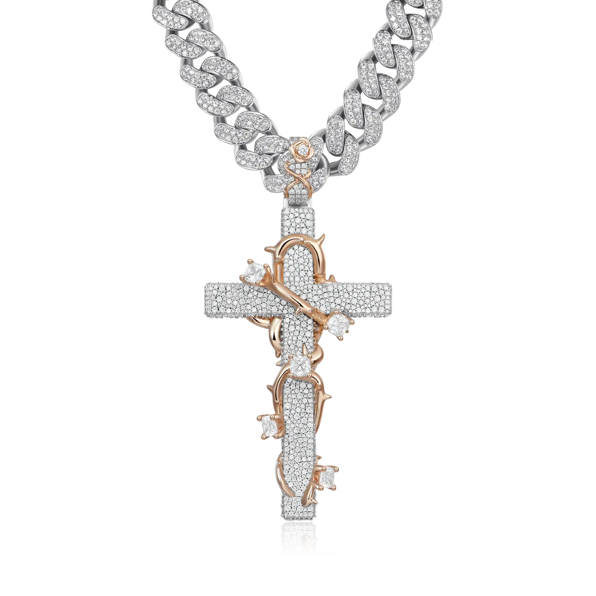 Pave Set Thorned Rose Cross Pendant