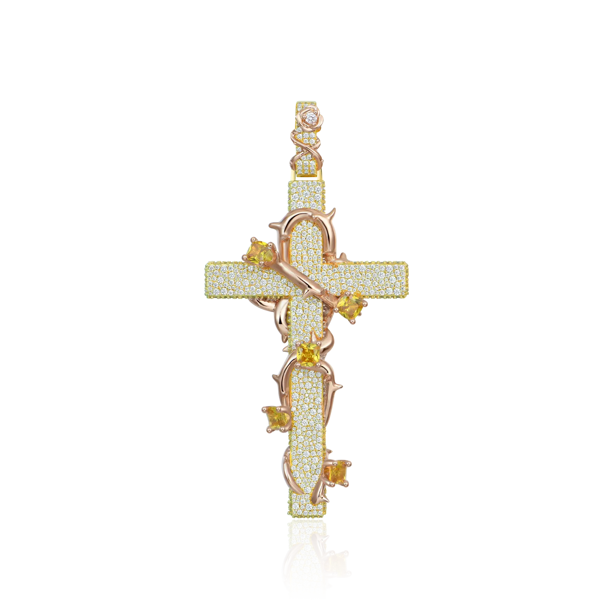 Moissanite Pave Set Thorned Rose Cross Pendant