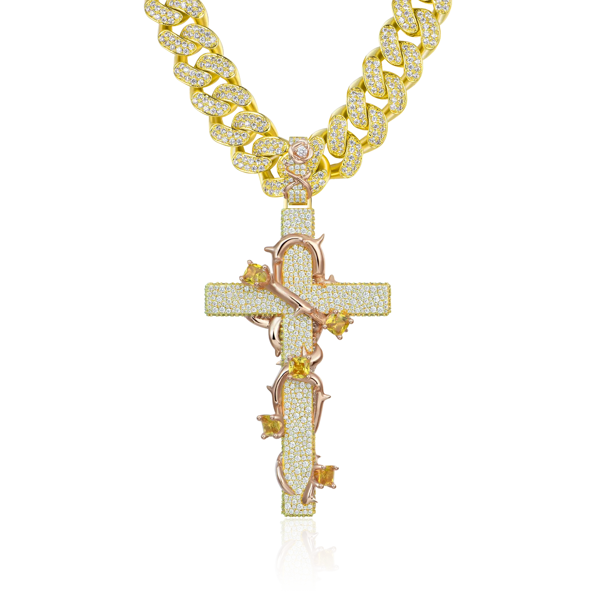 Pave Set Thorned Rose Cross Pendant