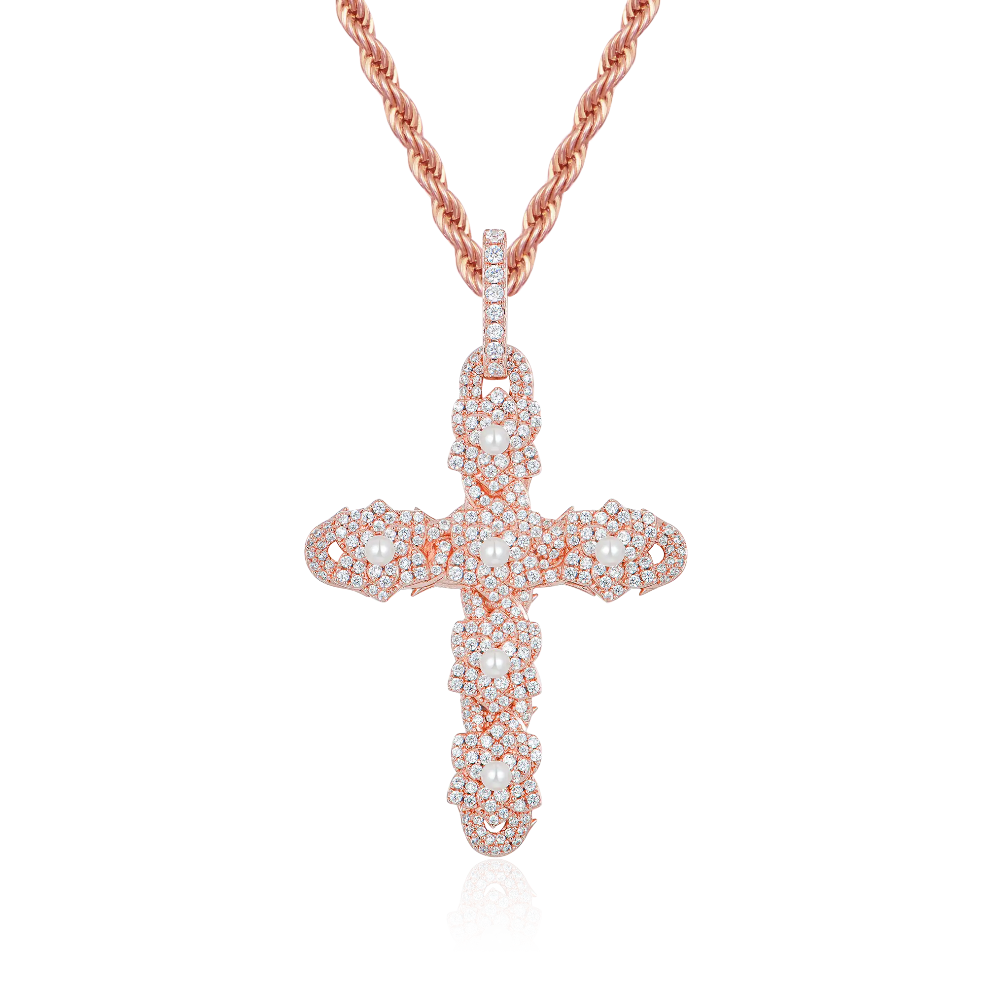 Pearl Rose Cross Pendant - Rose Gold