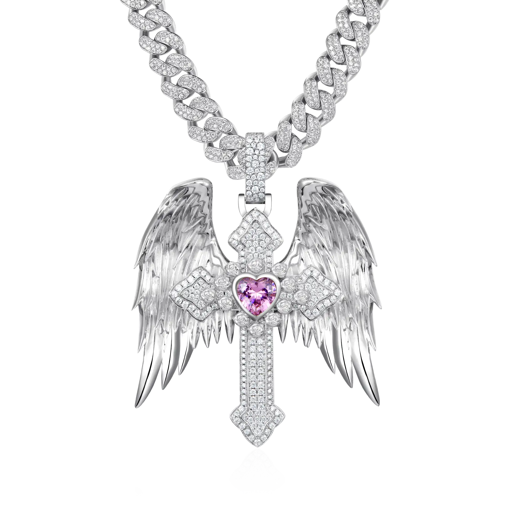 Moissanite Guardian Wings Cross Pendant - Large