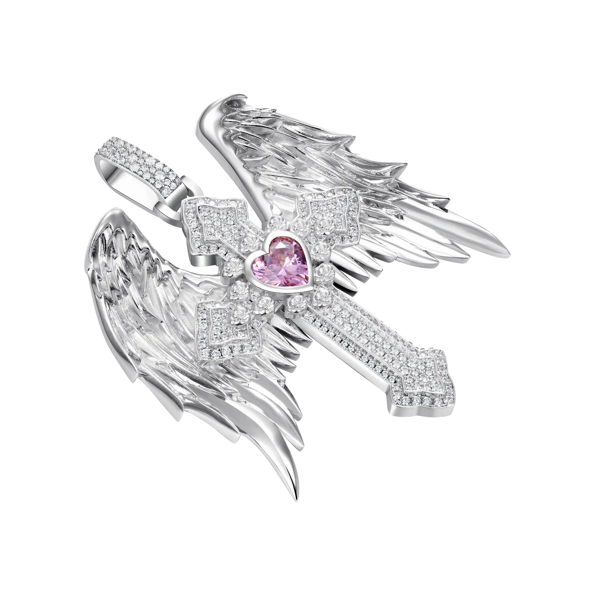 Moissanite Guardian Wings Cross Pendant - Large