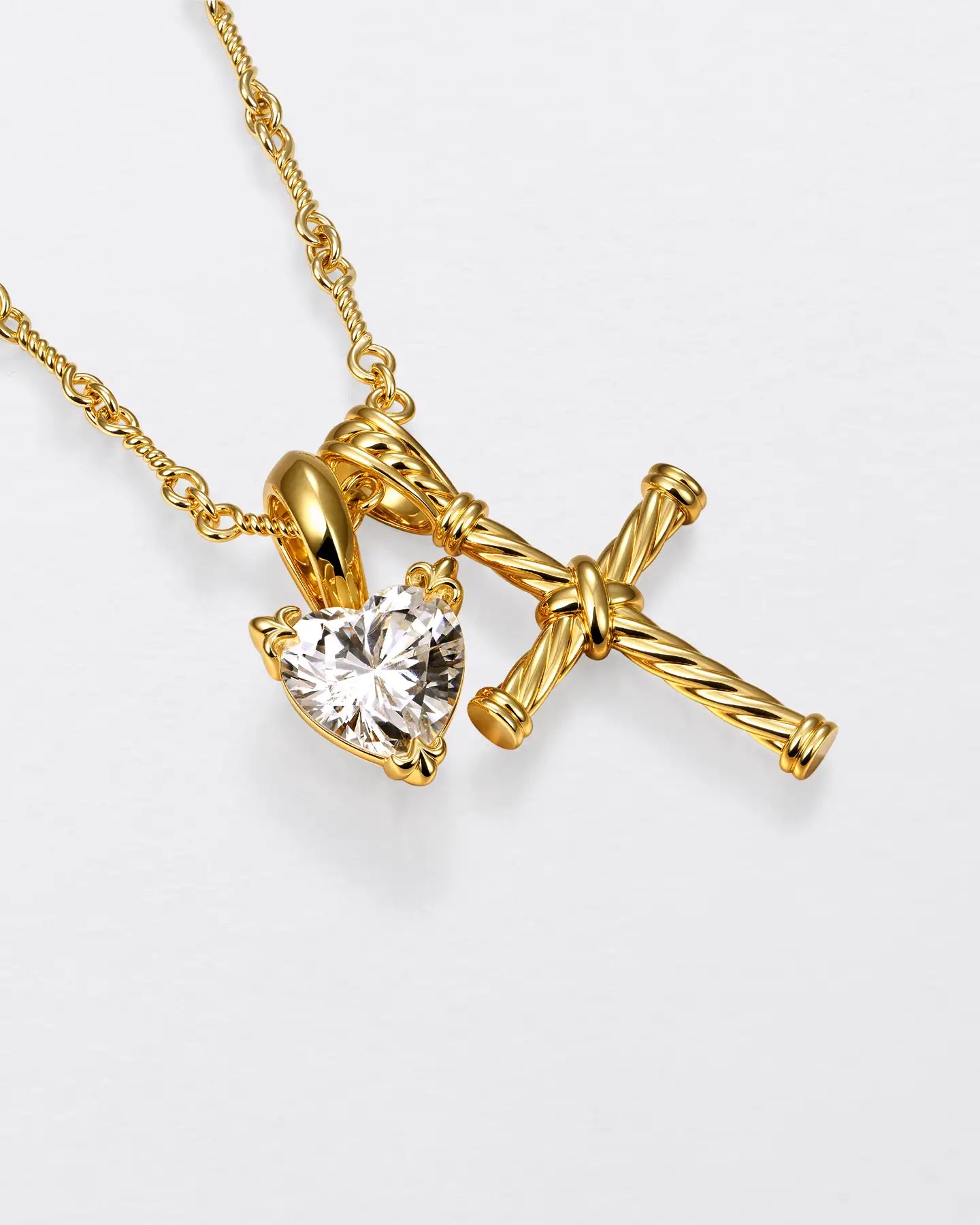 22K Heart-Shaped Cut & Twisted Cross Pendant Set