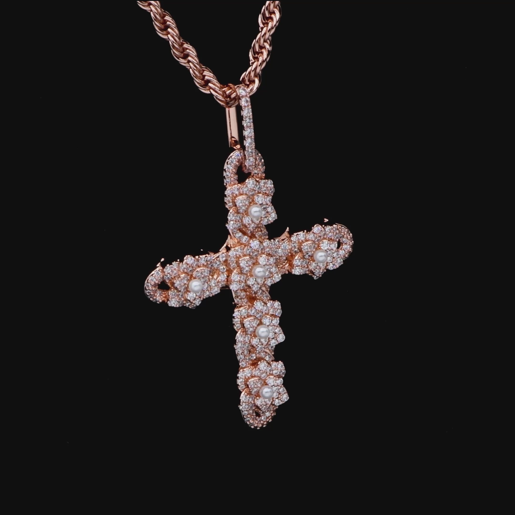 Pearl Rose Cross Pendant - Rose Gold