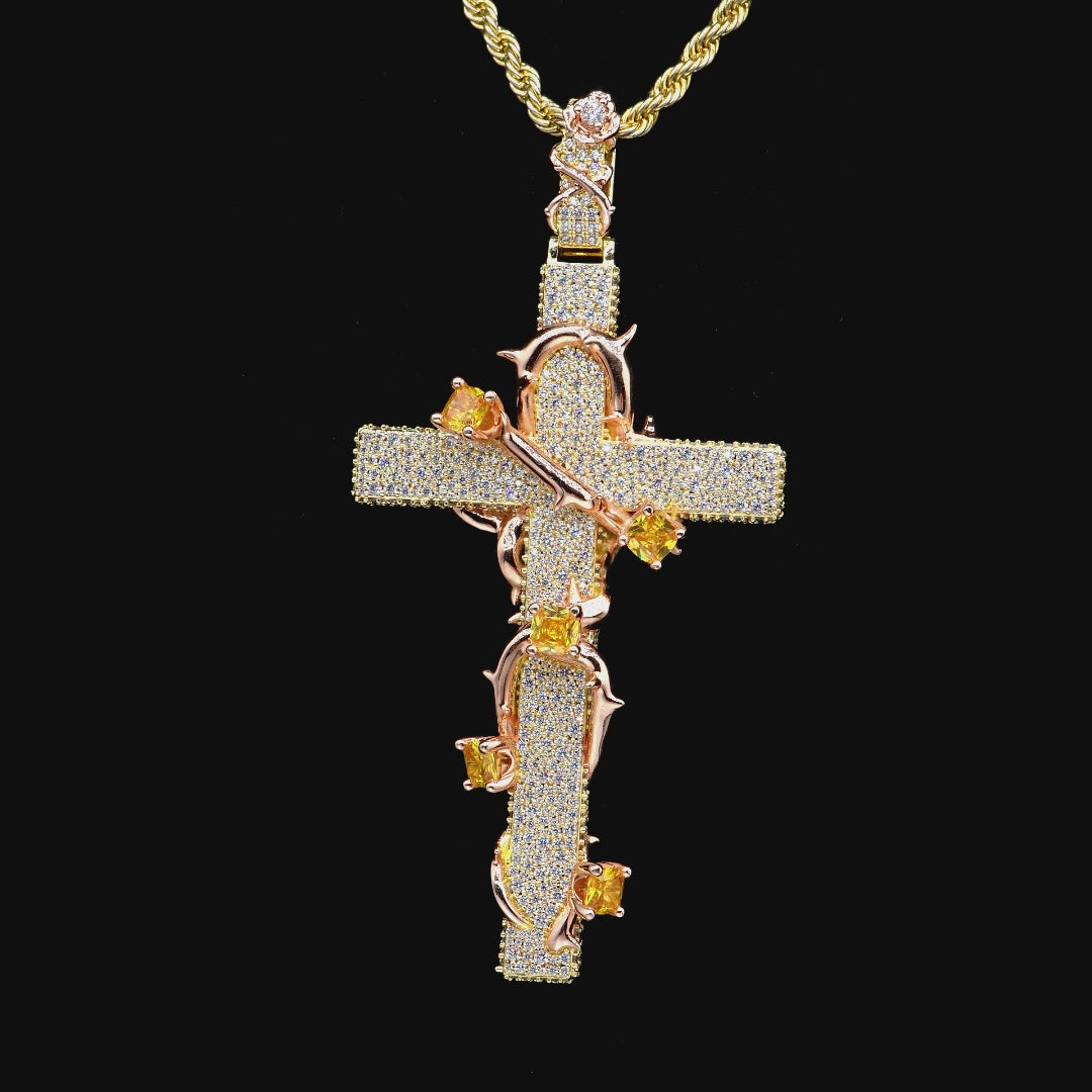 Pave Set Thorned Rose Cross Pendant