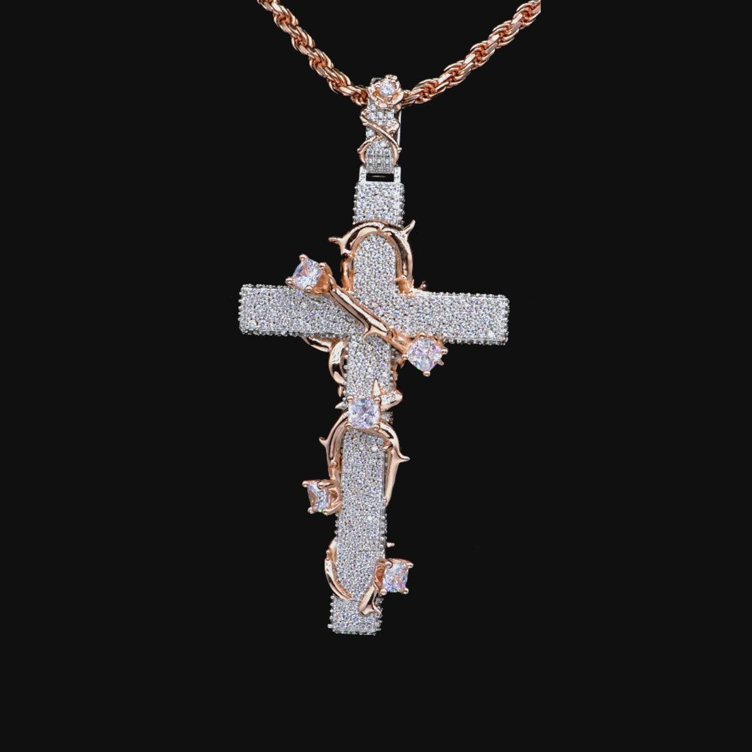 Pave Set Thorned Rose Cross Pendant