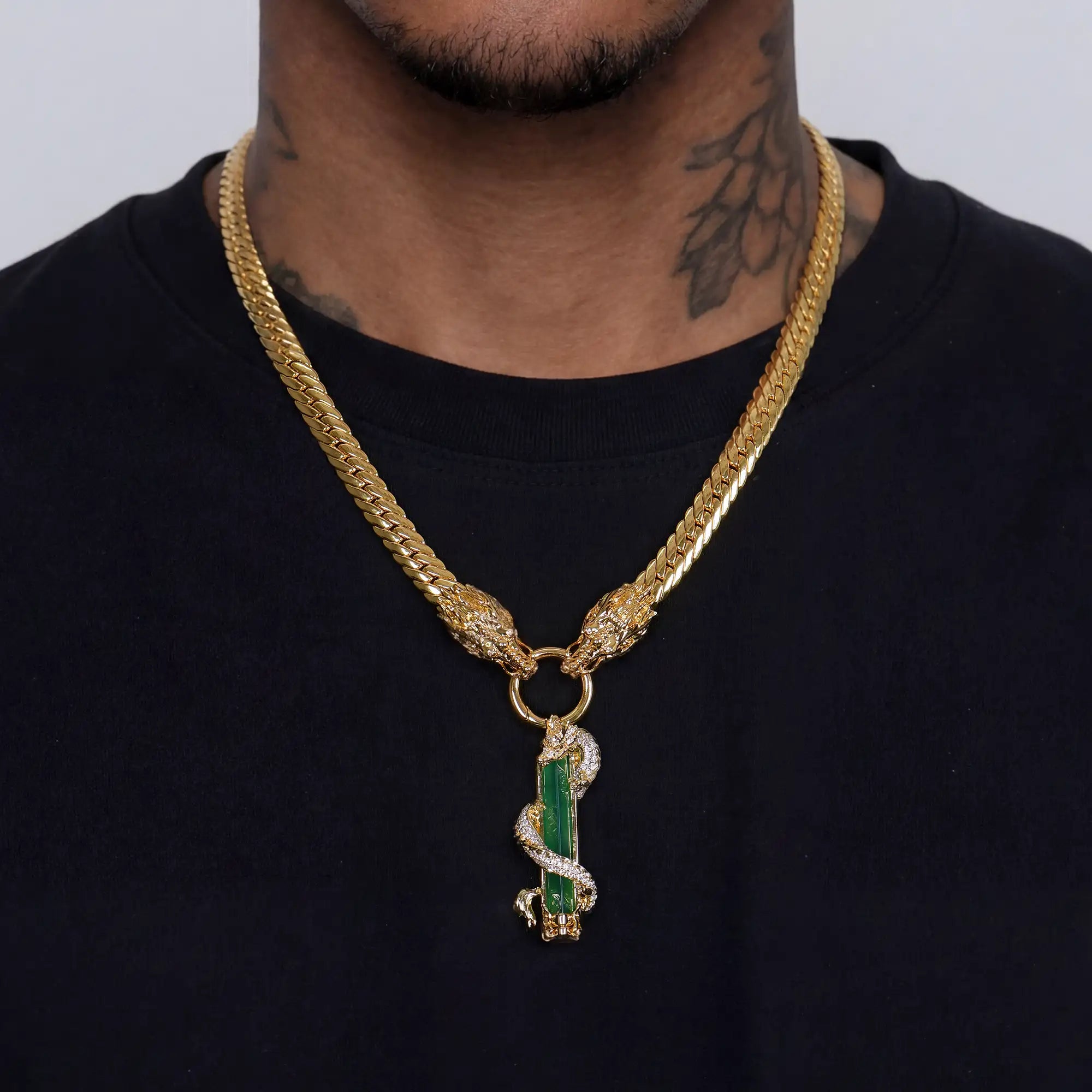 WONG Dragon Jade Pillar Cuban Chain & Pendant Set
