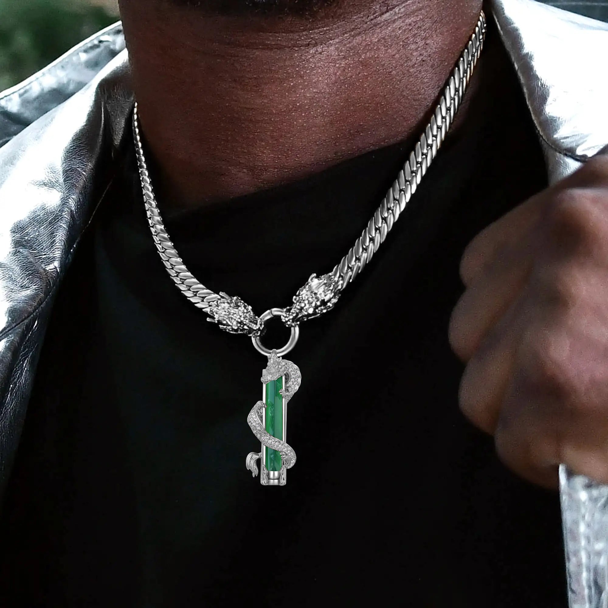 WONG Double Dragon Miami Cuban Chain + Jade Column Pendant Silver Set