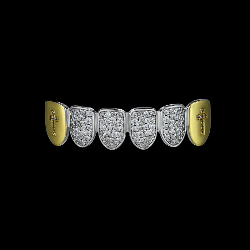 Pre-made Two-tone Irregular Shape Diamond Cross Grillz - Silver Teeth Grillz - APORRO