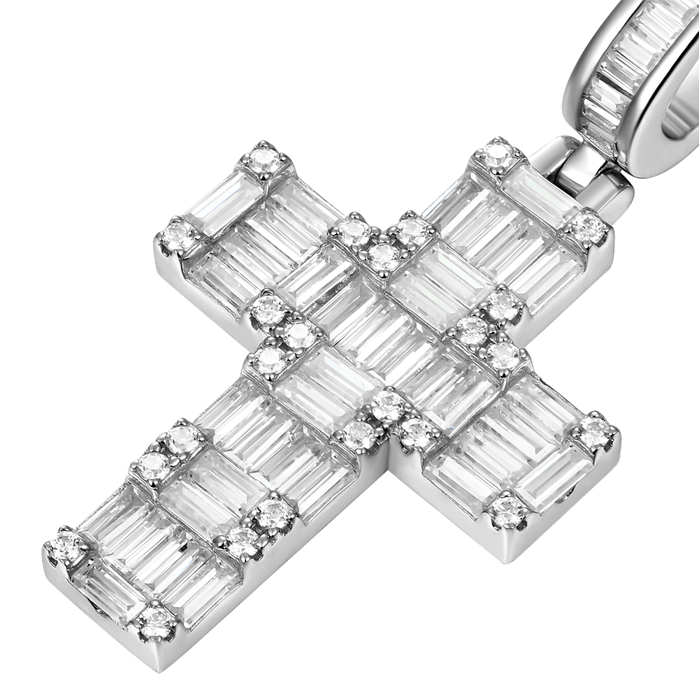 Halo Cross Pendant - Baguette Cut