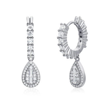 S925 Teardrop Baguette Mix Halo Dangly Earrings - Pair
