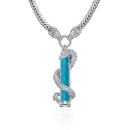 WONG Double Dragon Miami Cuban Chain + Jade Column Pendant Silver Set