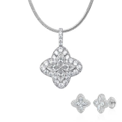 Iced Luminous Clover Pendant & Earring Set - White Diamond