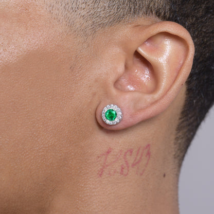 Halo Round Cut Stud Earring - Green
