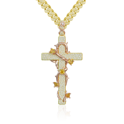 Moissanite Pave Set Thorned Rose Cross Pendant