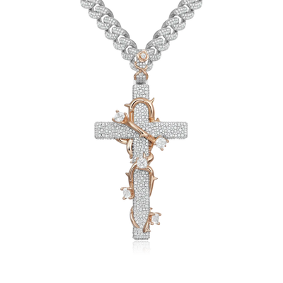 Moissanite Pave Set Thorned Rose Cross Pendant