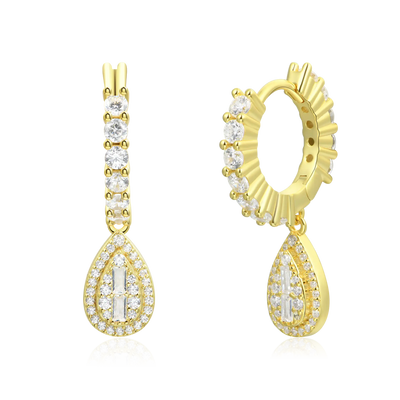 S925 Teardrop Baguette Mix Halo Dangly Earrings - Pair