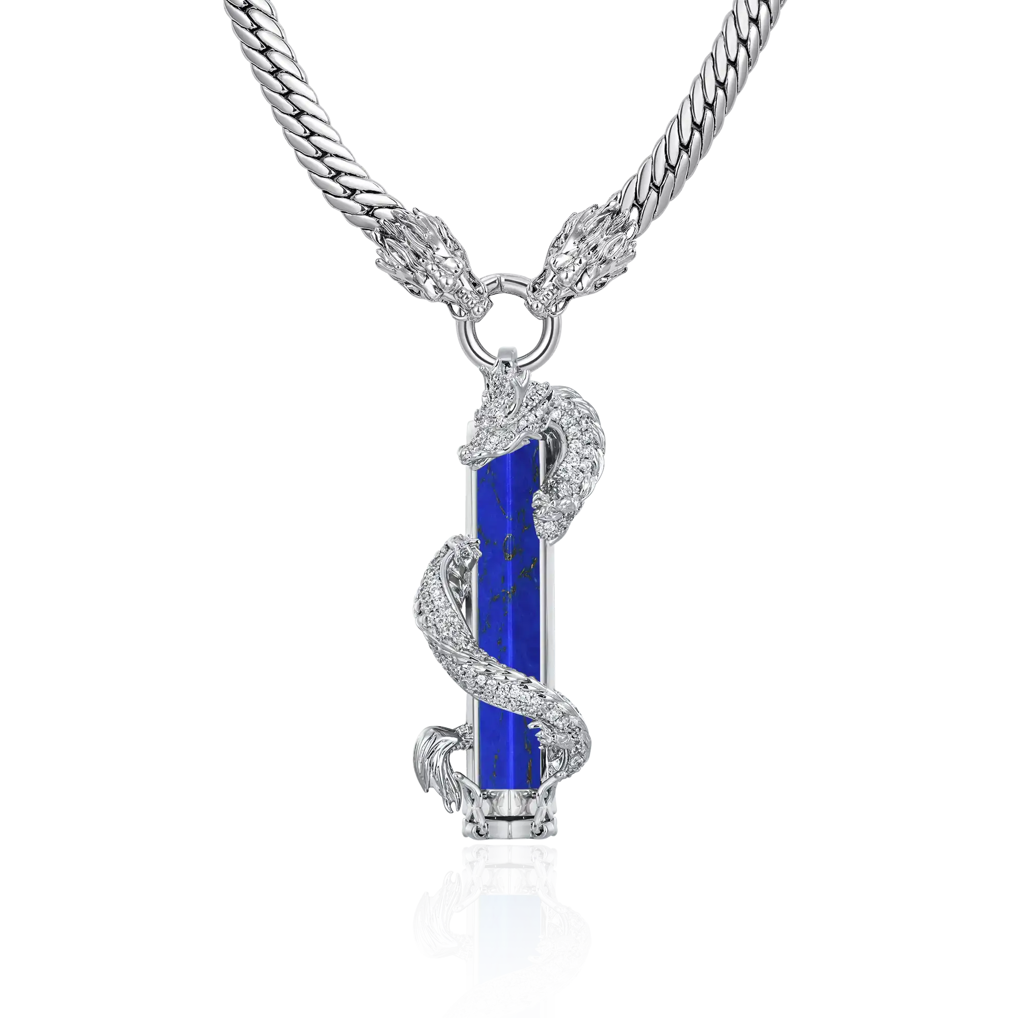 WONG Double Dragon Miami Cuban Chain + Jade Column Pendant Silver Set