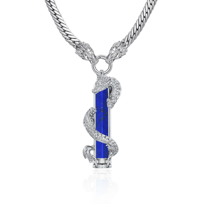 WONG Double Dragon Miami Cuban Chain + Jade Column Pendant Silver Set