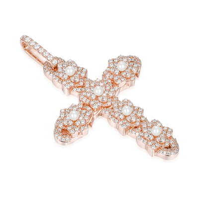 Pearl Rose Cross Pendant - Rose Gold