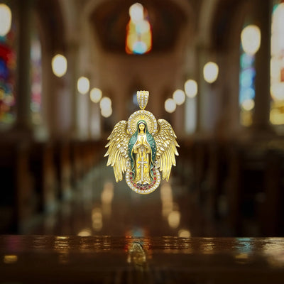 Moissanite Blessed Mary Halo Winged Pendant