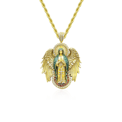 Moissanite Blessed Mary Halo Winged Pendant
