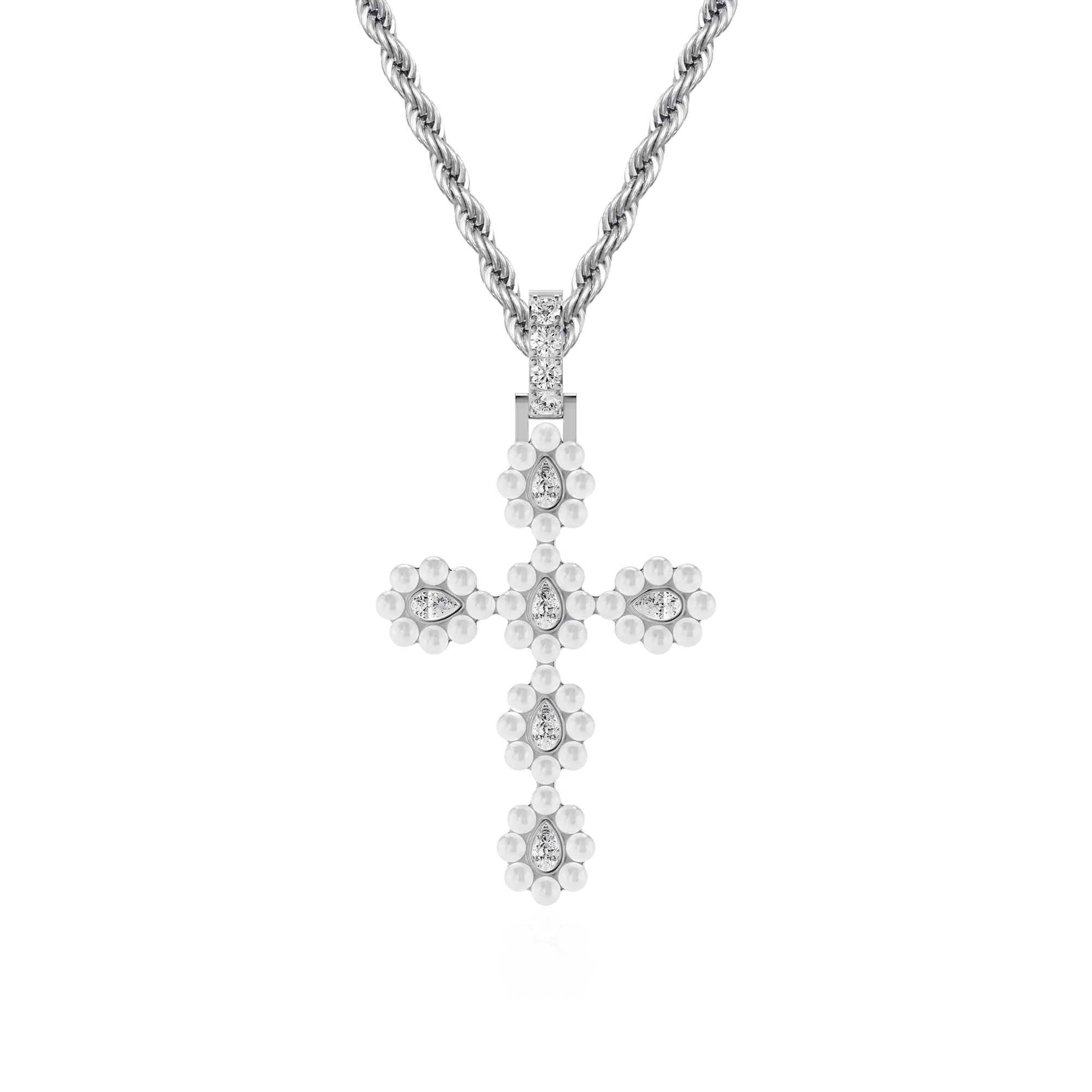 Halo Pearl Pear Cross Pendant