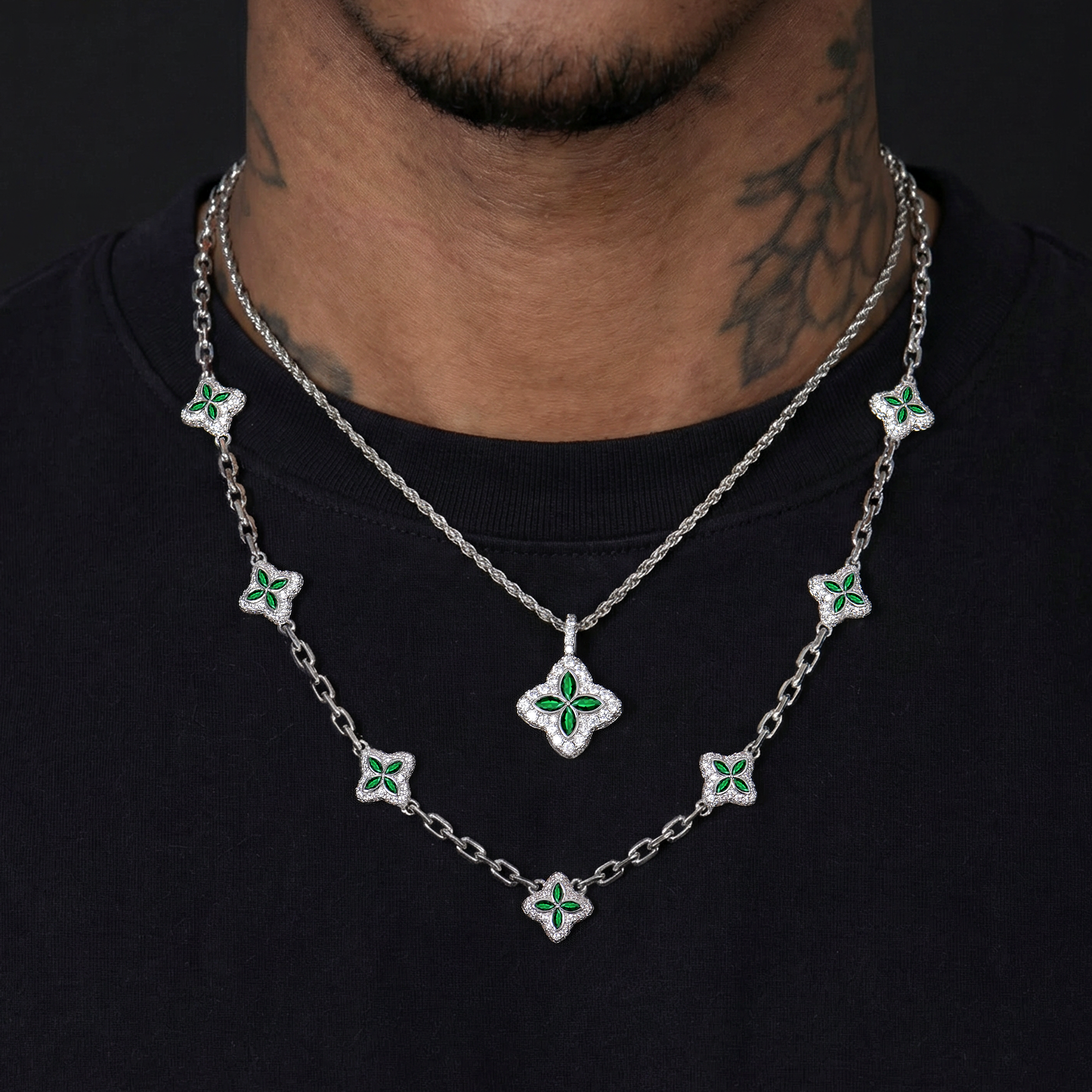 Iced Luminous Clover Pendant & Chain Layer Set