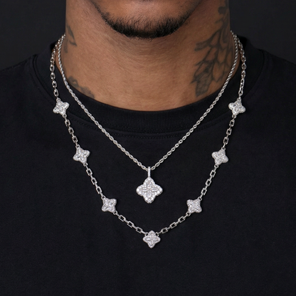 Iced Luminous Clover Pendant & Chain Layer Set - White Diamond