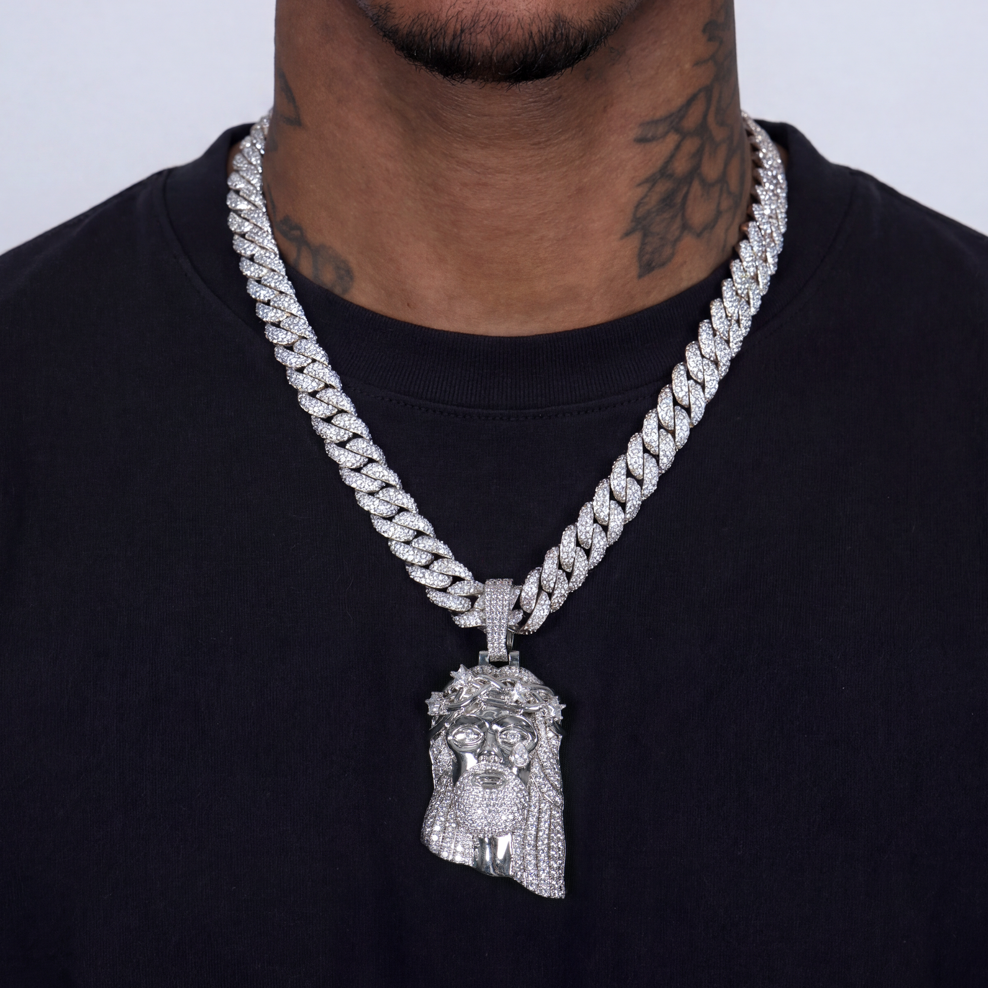 White Gold Stellar Jesus Pendant & Cuban Chain Set
