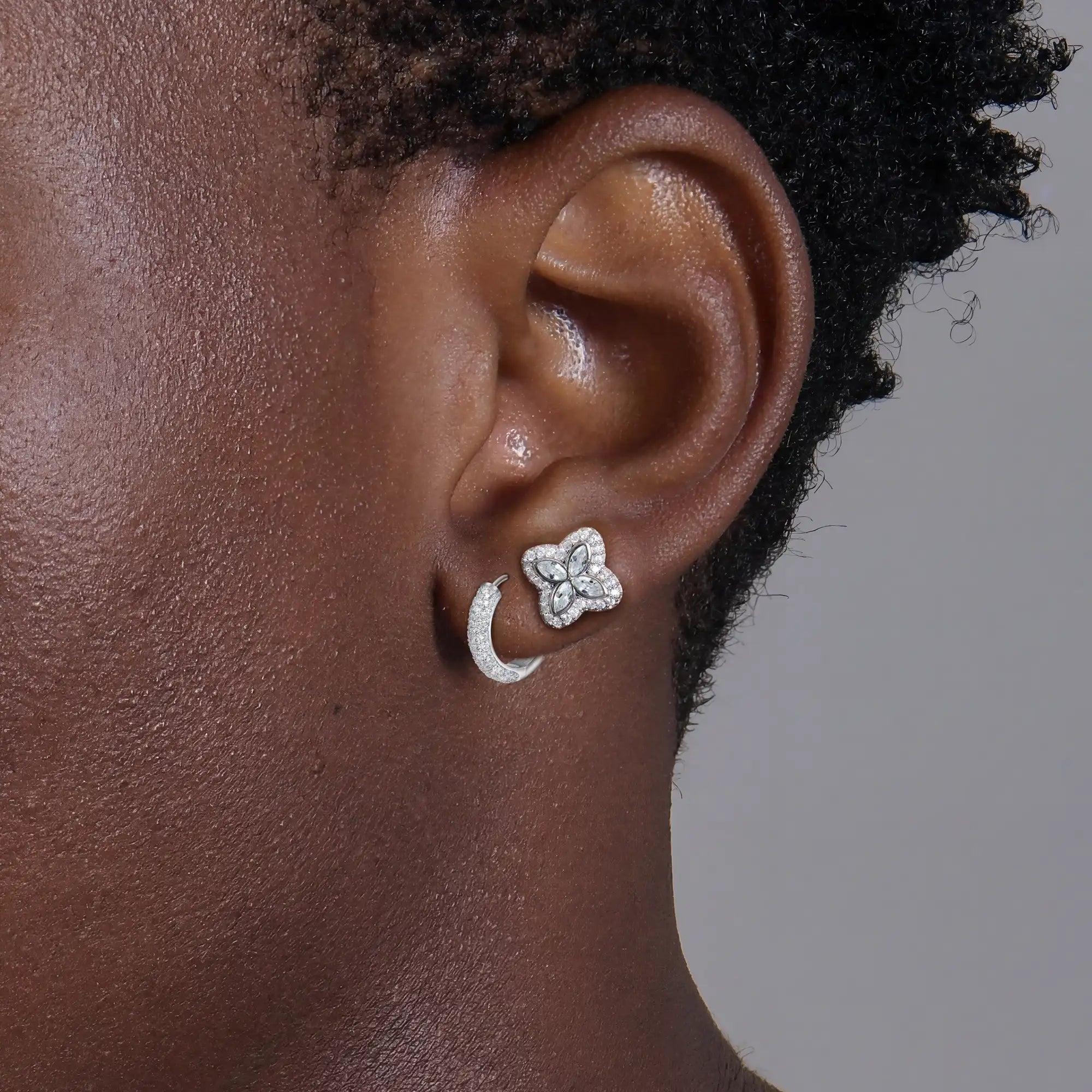 S925 Paved Hoop & Clover Stud Earring Set