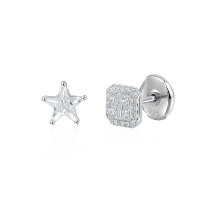 S925 Baguette & Pentagram Stud Earring Set