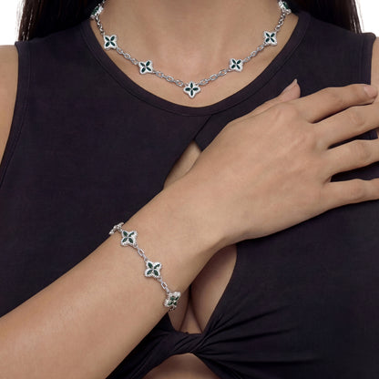 Iced Luminous Clover Adjustable Chain & Bracelet Set - Green Diamond