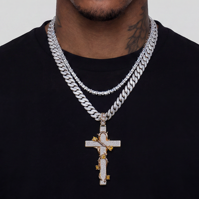 Pave Set Thorned Cross Pendant & Chain Trinity Set