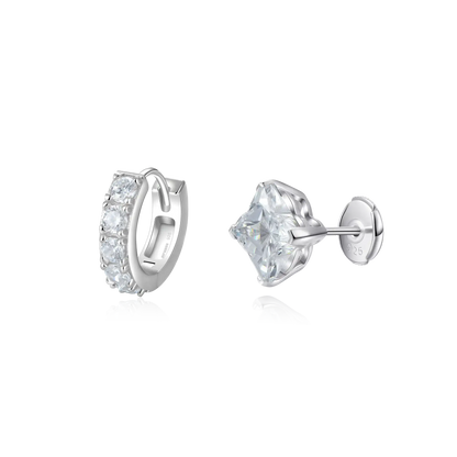 Moissanite S925 Classic Hoop & Clover Stud Earring Set