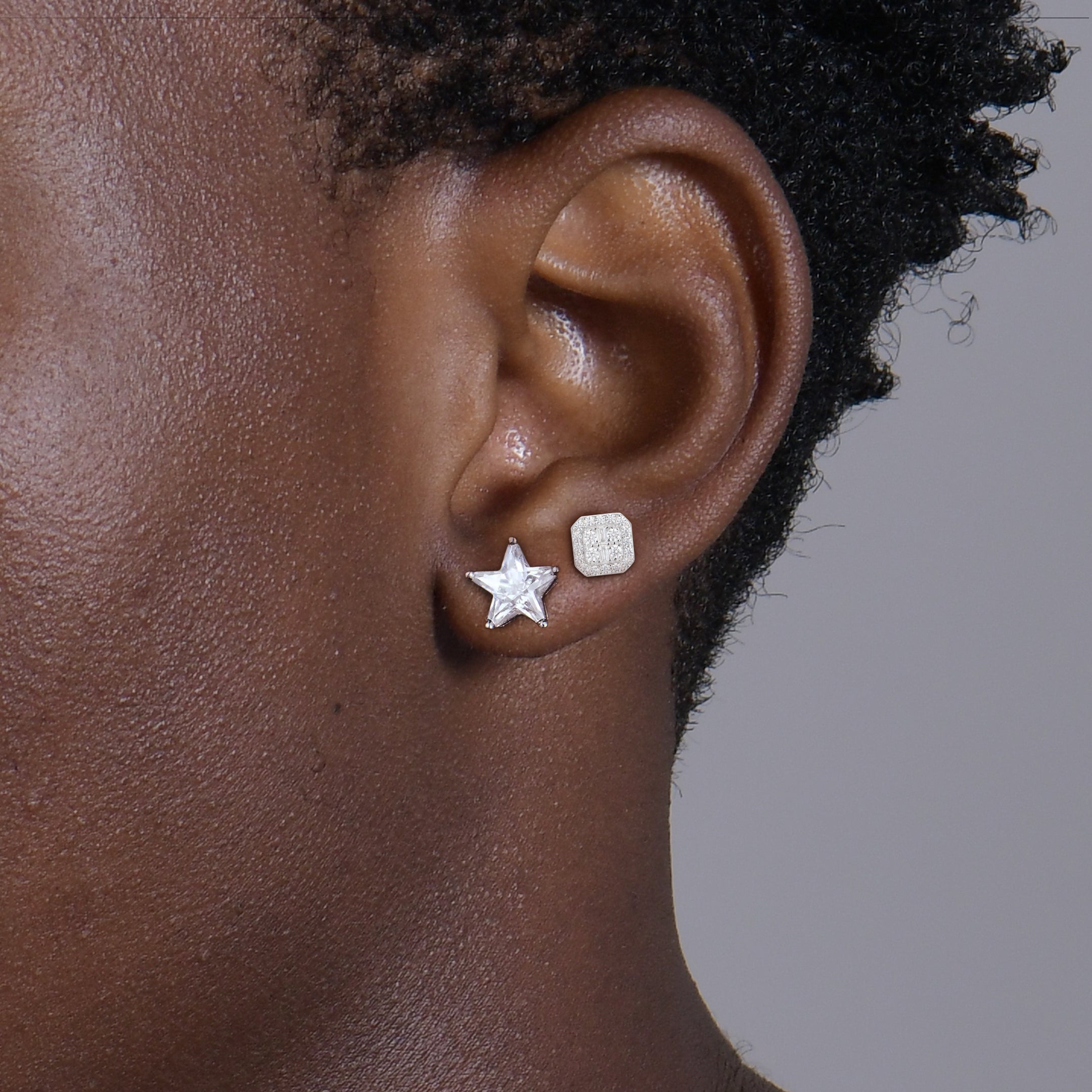 S925 Baguette & Pentagram Stud Earring Set