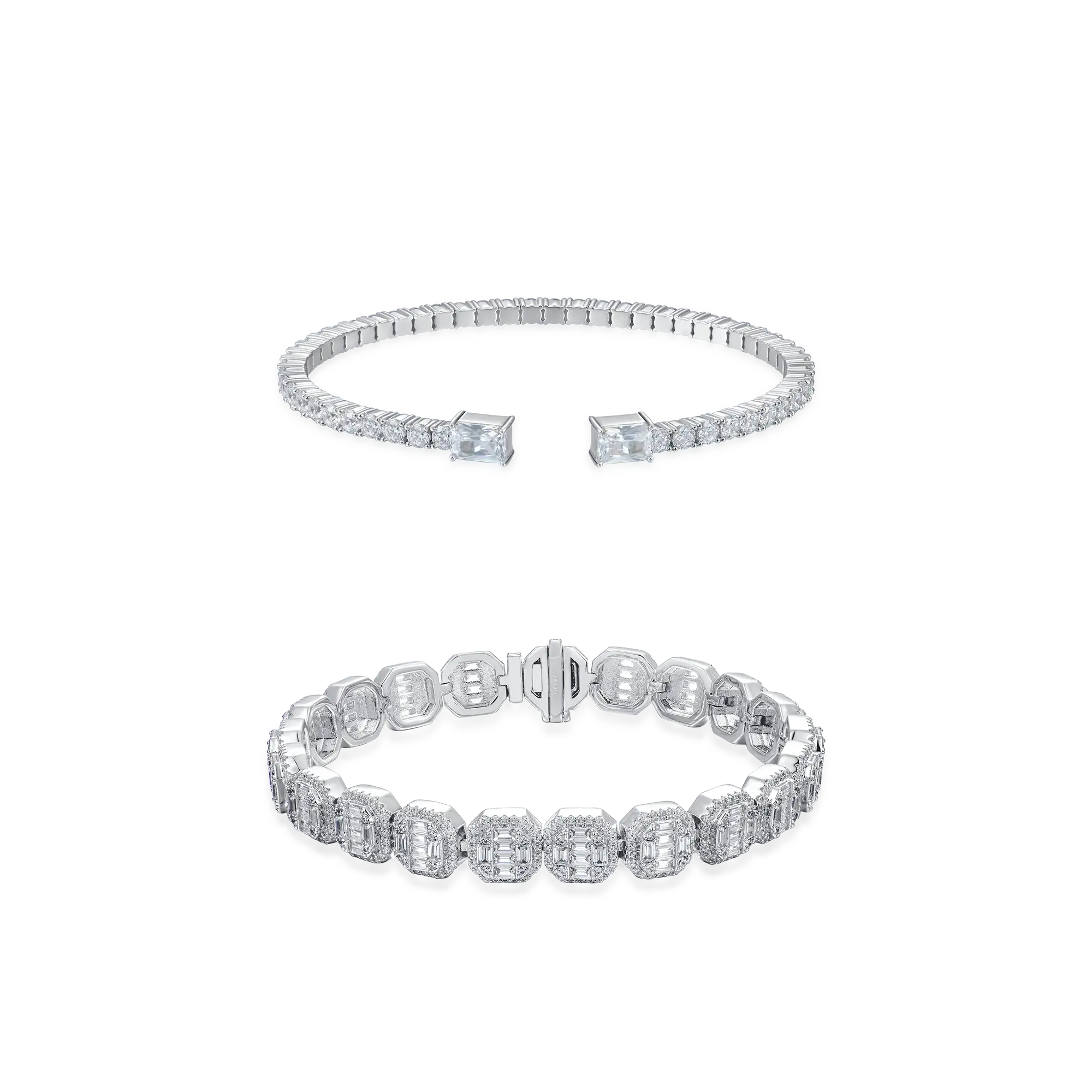 Baguette Clustered Tennis + Spring Tennis Bangle Bracelet Gift Set