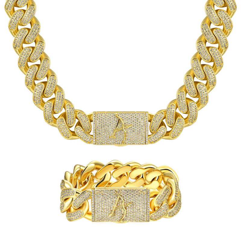 19mm 14K Gold Iced Out Cuban Chain And Bracelet Set - Hip Hop Jewelry - APORRO