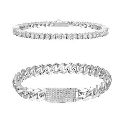 3mm Tennis Bracelet + 8mm Plain Gold Prong Bracelet Gift Set
