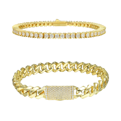 3mm Tennis Bracelet + 8mm Plain Gold Prong Bracelet Gift Set