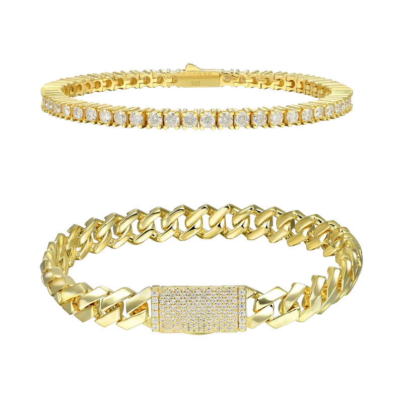 3mm Tennis Bracelet + 8mm Plain Gold Prong Bracelet Bundle - APORRO
