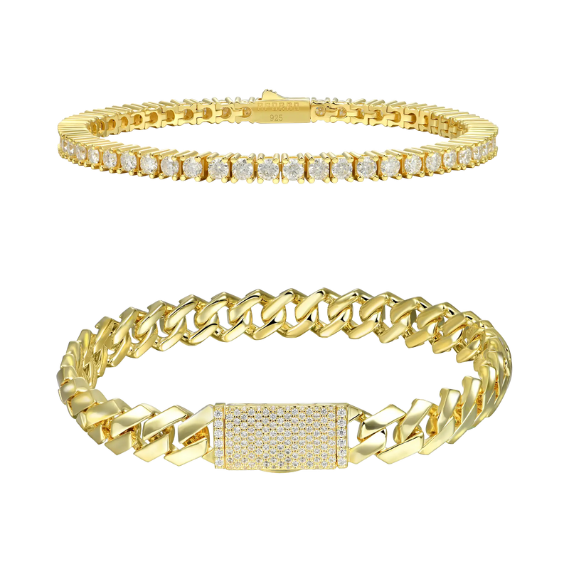 3mm Tennis Bracelet + 8mm Plain Gold Prong Bracelet Gift Set - APORRO