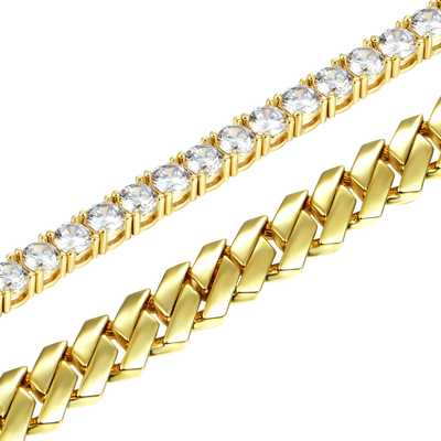3mm Tennis Bracelet + 8mm Plain Gold Prong Bracelet Gift Set