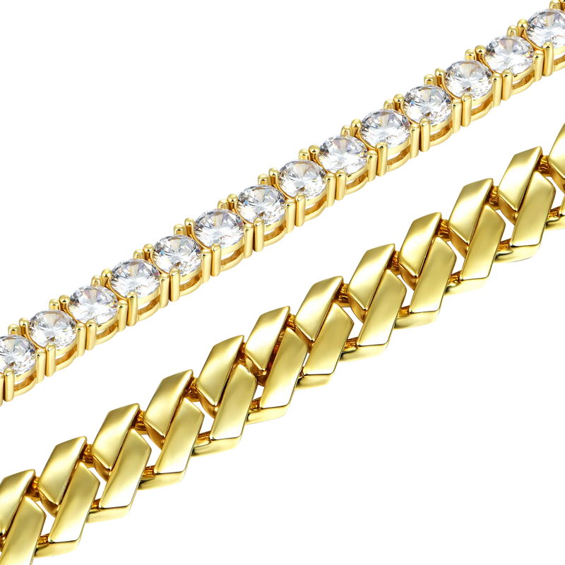 3mm Tennis Bracelet + 8mm Plain Gold Prong Bracelet Gift Set - APORRO