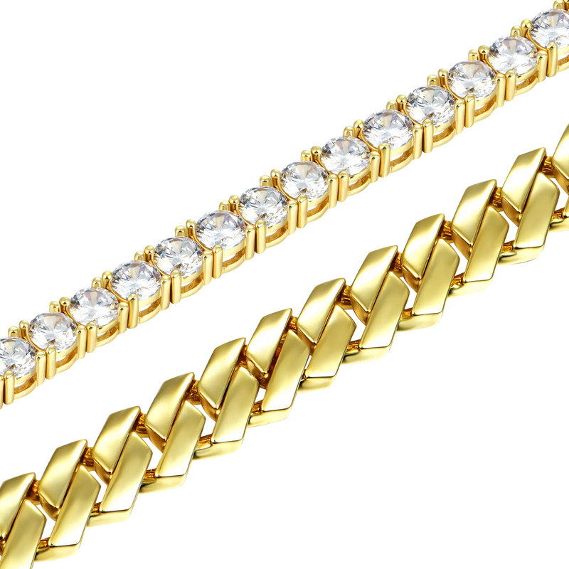 3mm Tennis Bracelet + 8mm Plain Gold Prong Bracelet Bundle - APORRO